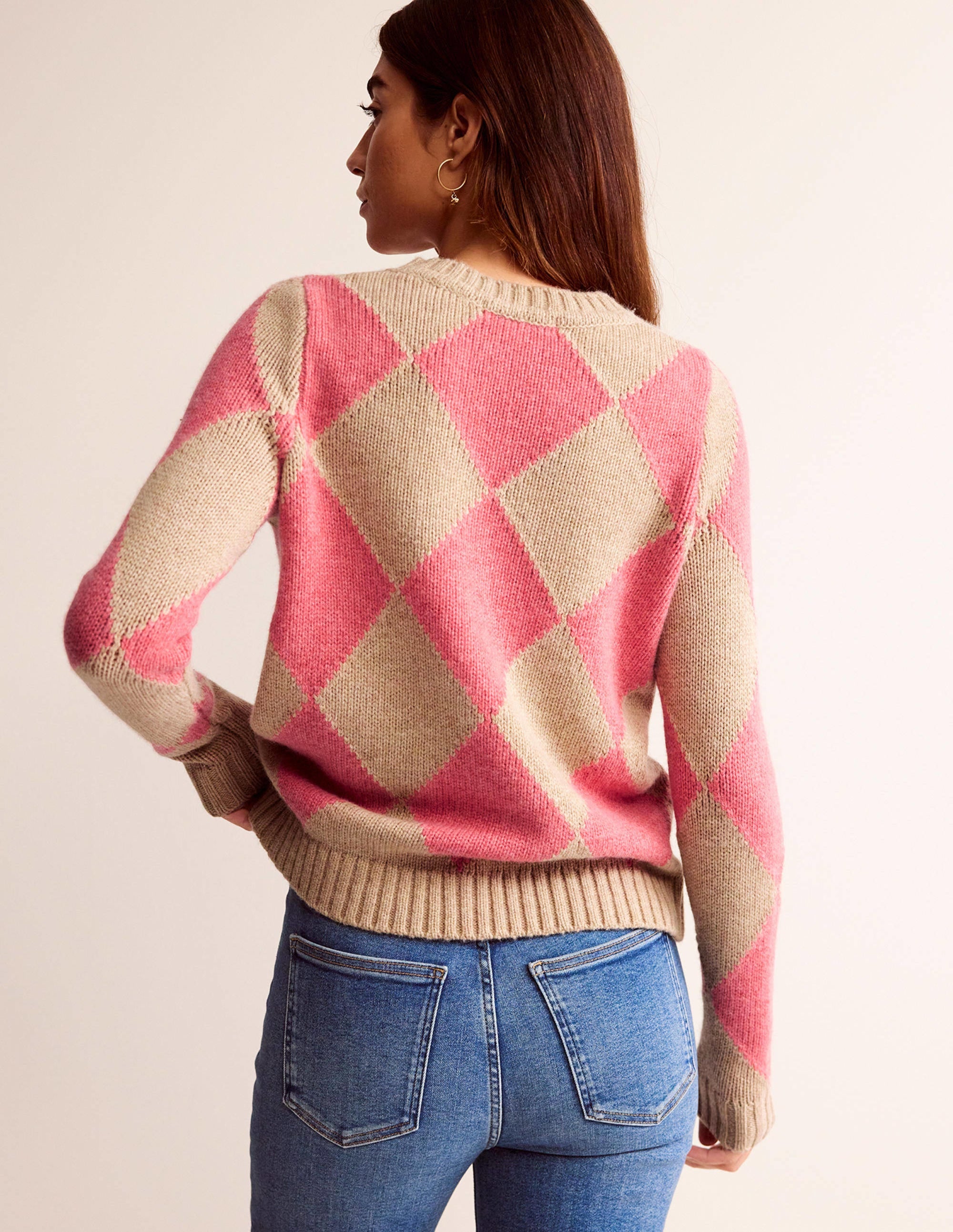 Argyle Crew Neck Jumper-Watermelon, Chinchilla Melange - Image 3