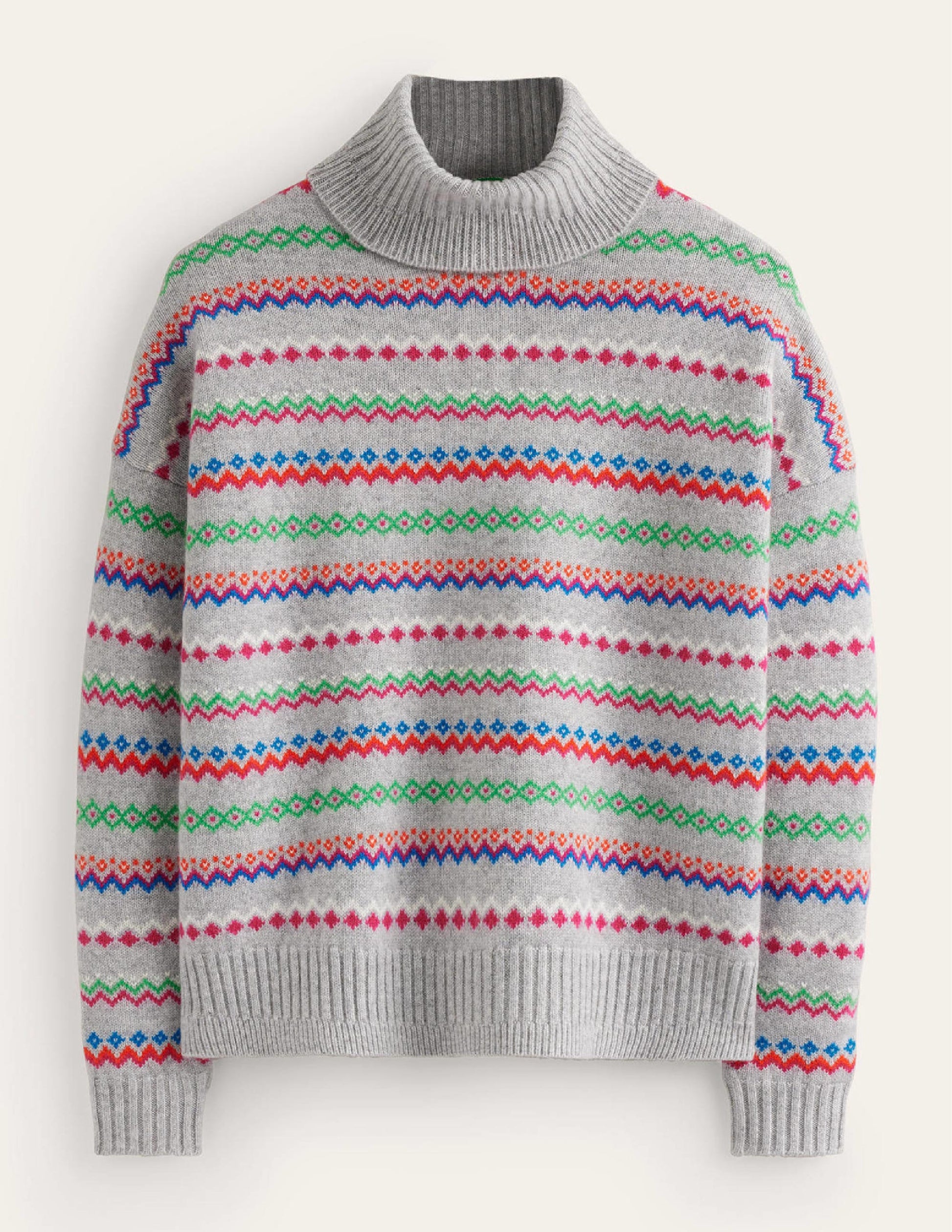 Roll Neck Cashmere Jumper-Grey Melange Fairisle-7
