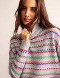 Roll Neck Cashmere Jumper-Grey Melange Fairisle