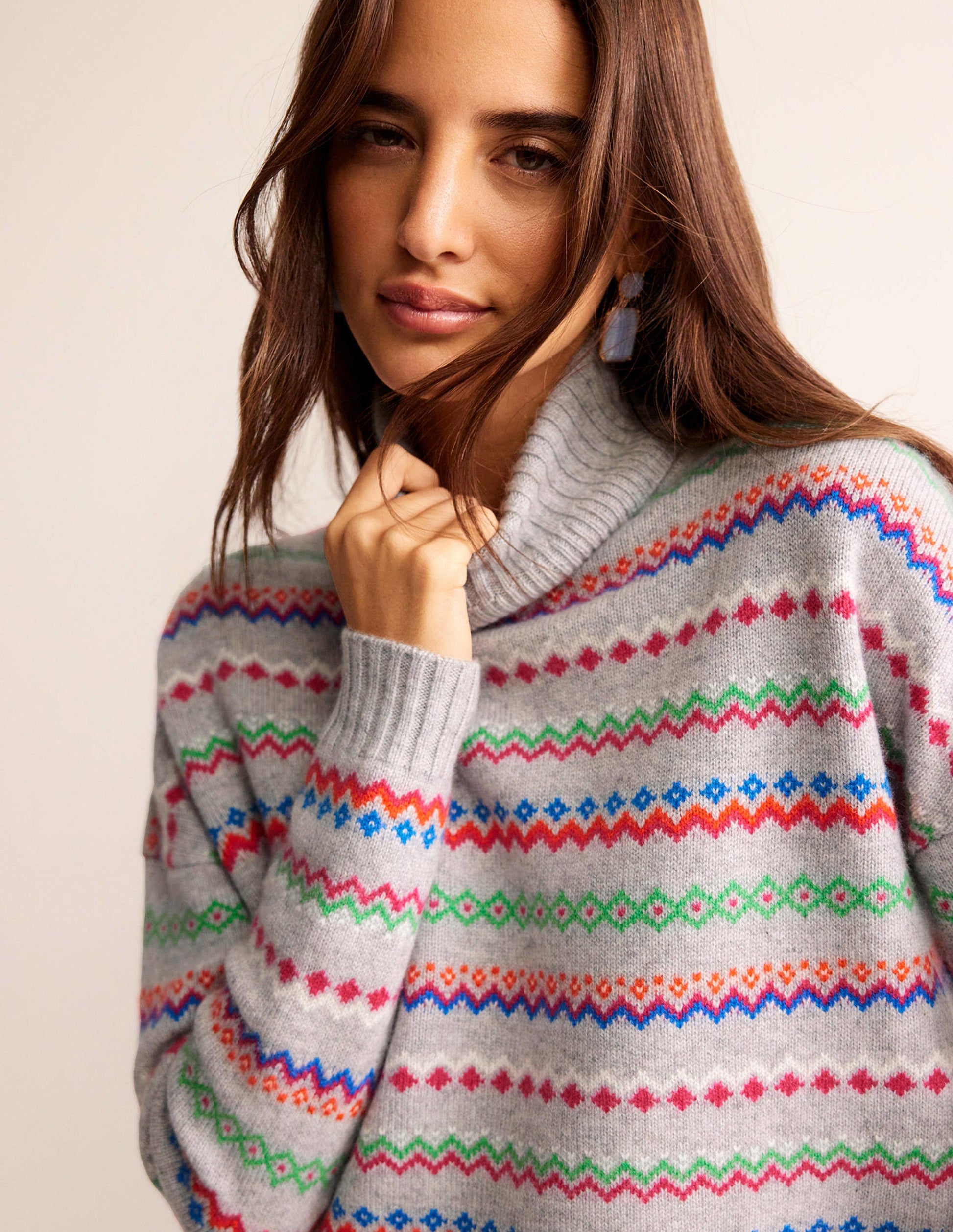 Roll Neck Cashmere Jumper-Grey Melange Fairisle-1