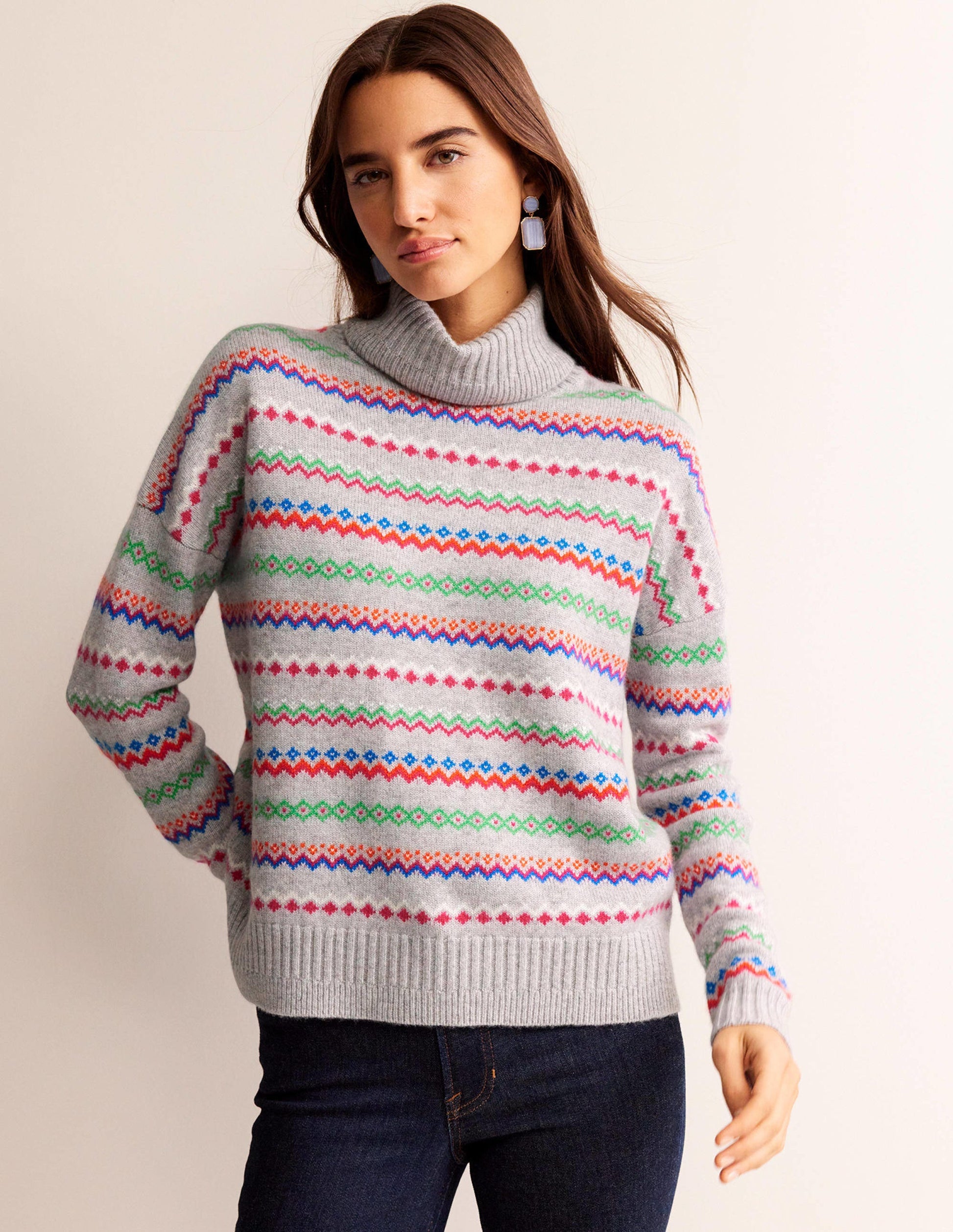 Roll Neck Cashmere Jumper-Grey Melange Fairisle-2