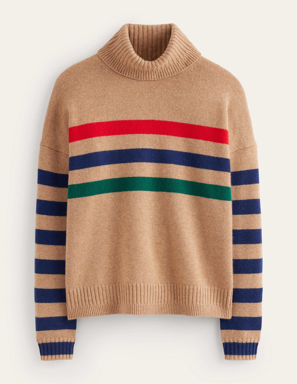 Roll Neck Cashmere Jumper-Camel and Red Stripe-5