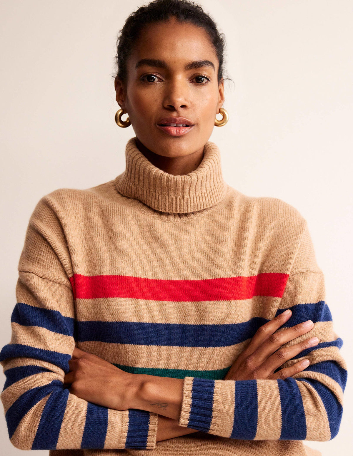 Roll Neck Cashmere Jumper-Camel and Red Stripe-3