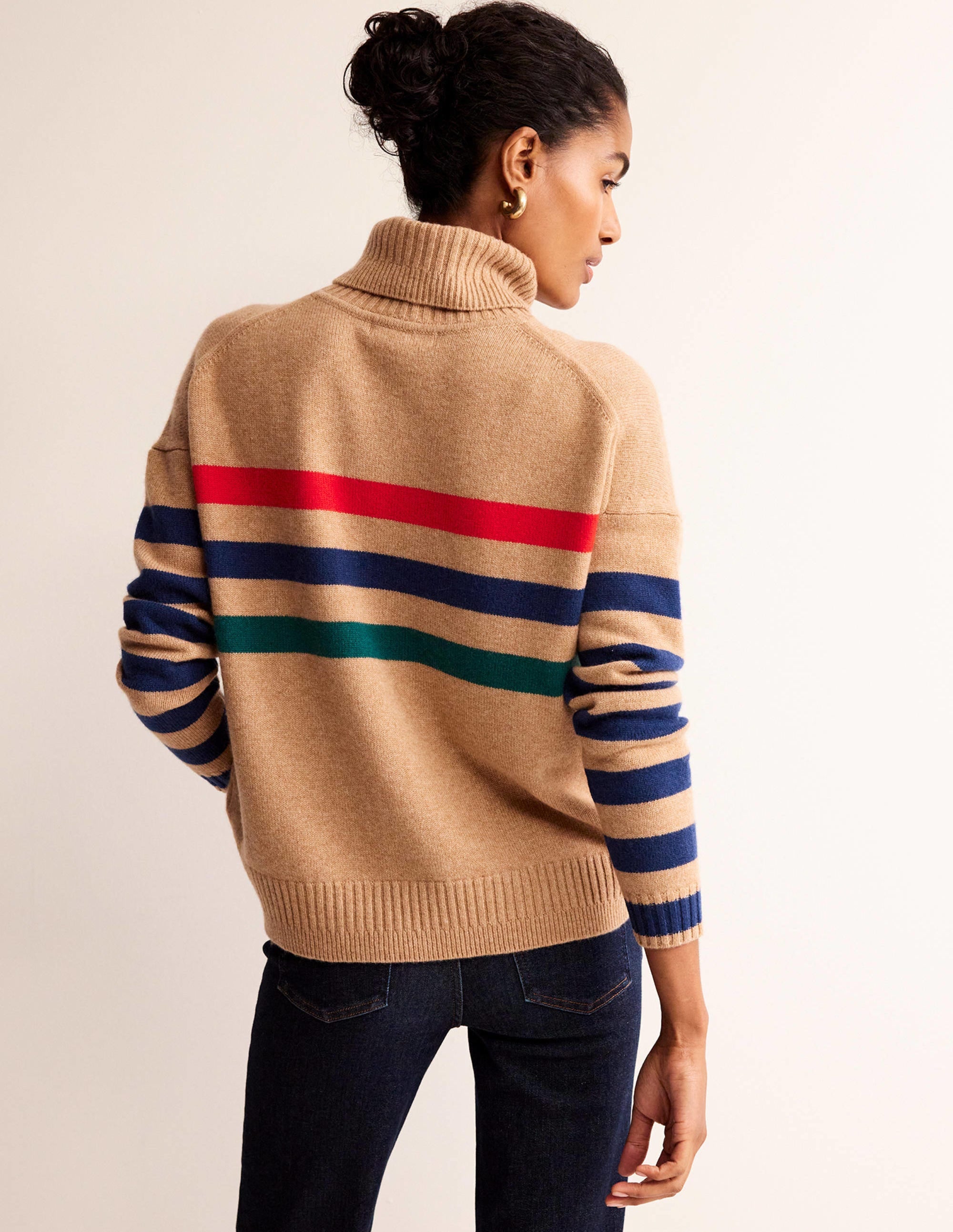 Roll Neck Cashmere Jumper-Camel and Red Stripe - Image 4