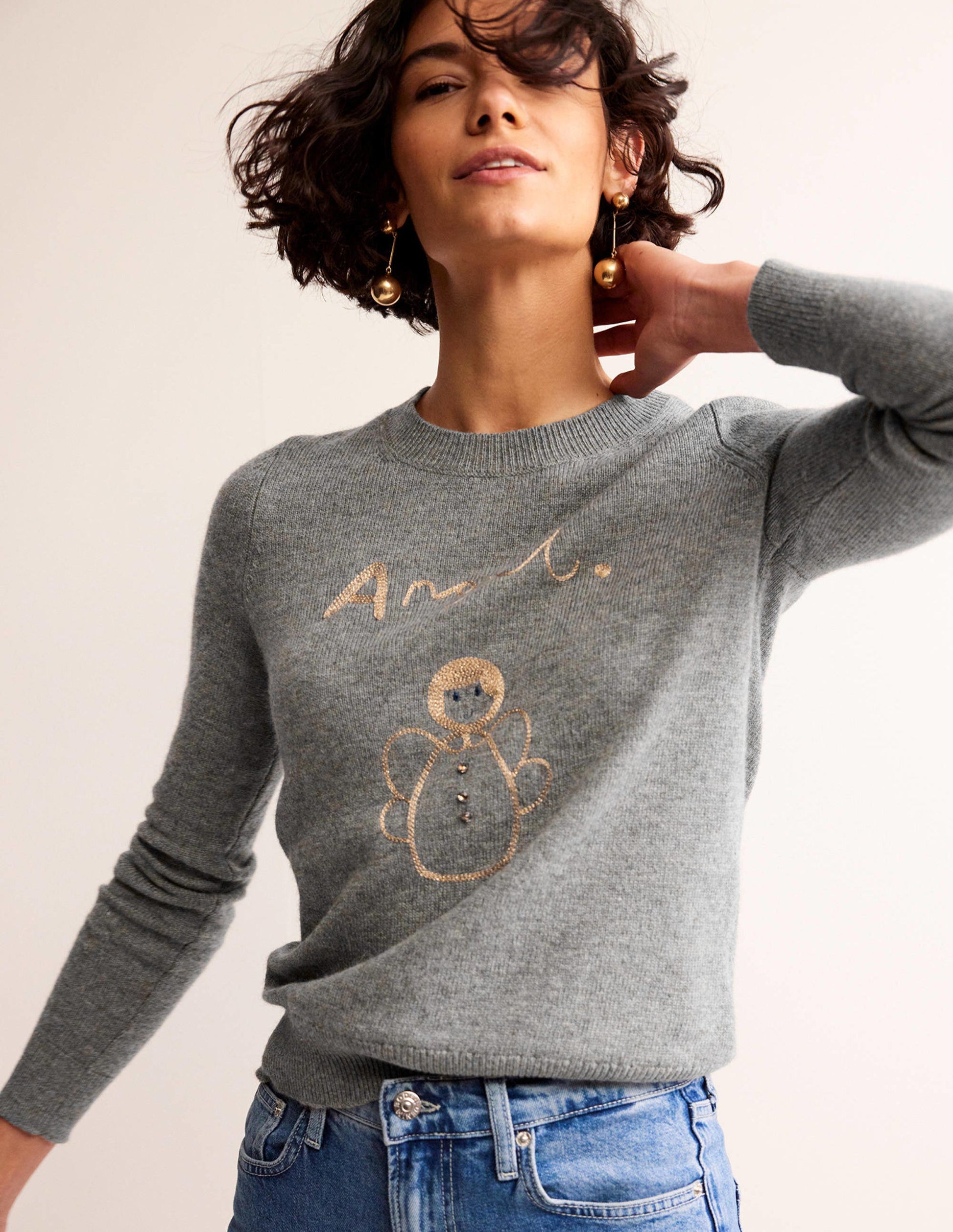 Festive Embroidered Jumper-Grey Melange, Angel-1