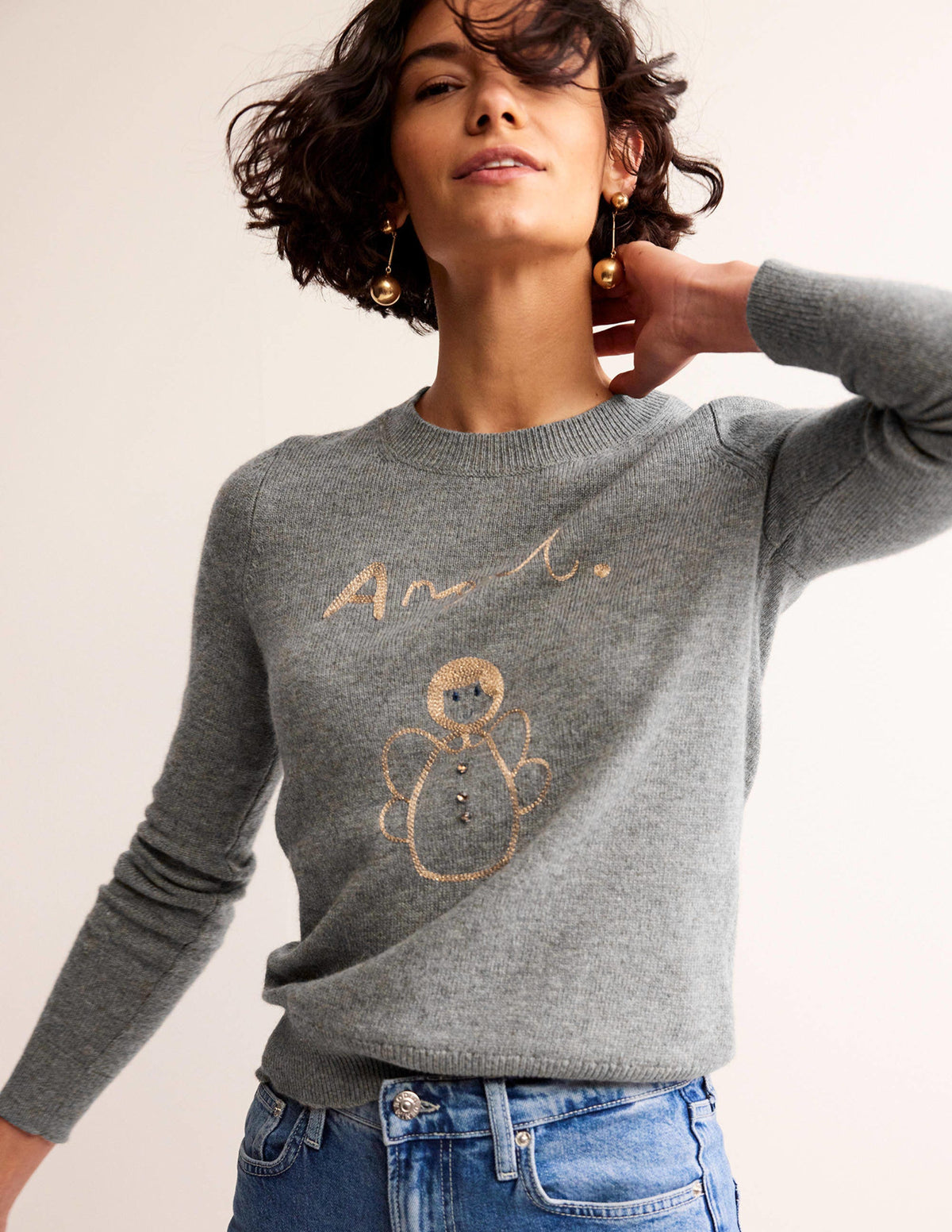 Festive Embroidered Jumper-Grey Melange, Angel - Image 1