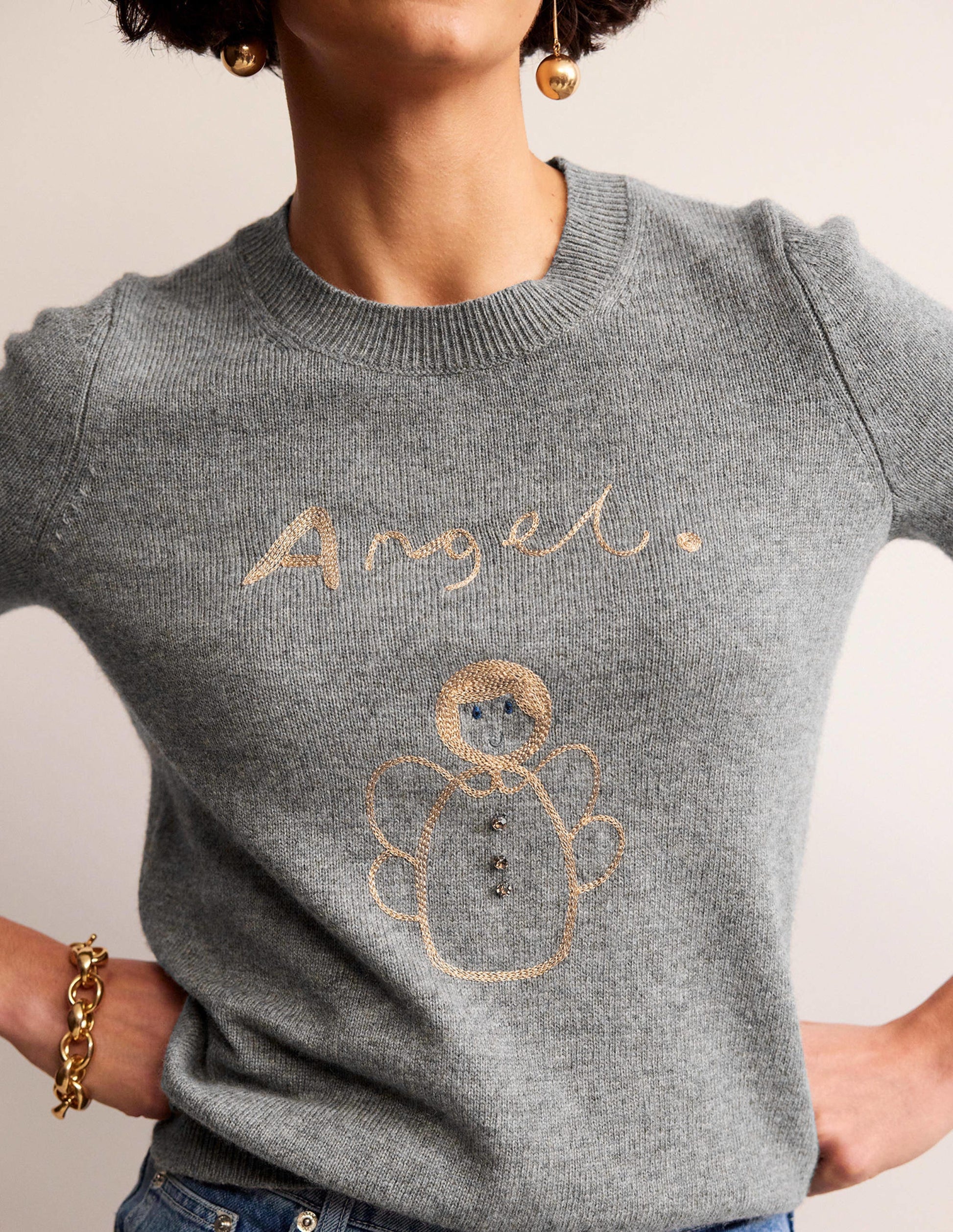 Festive Embroidered Jumper-Grey Melange, Angel-2