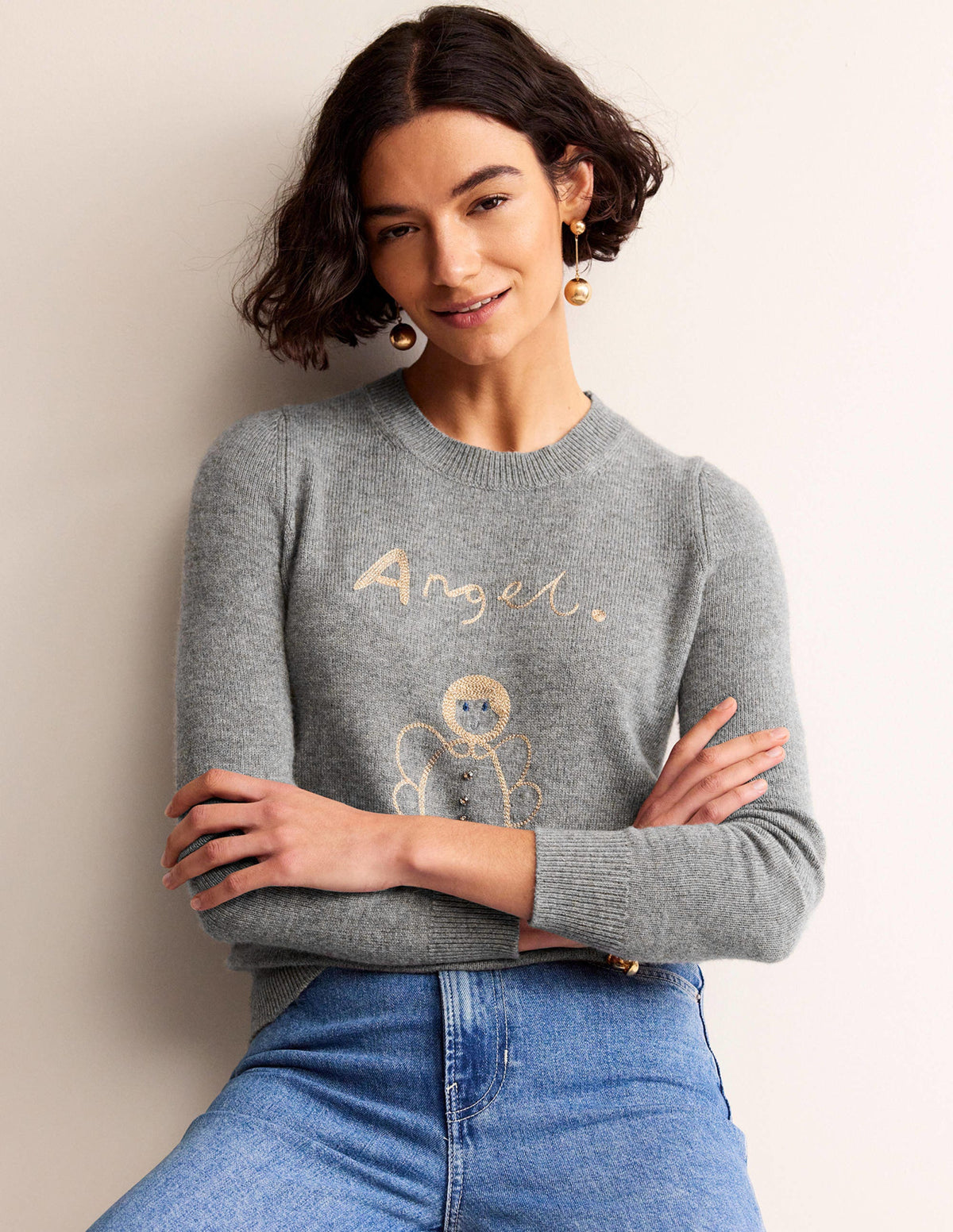 Festive Embroidered Jumper-Grey Melange, Angel - Image 4
