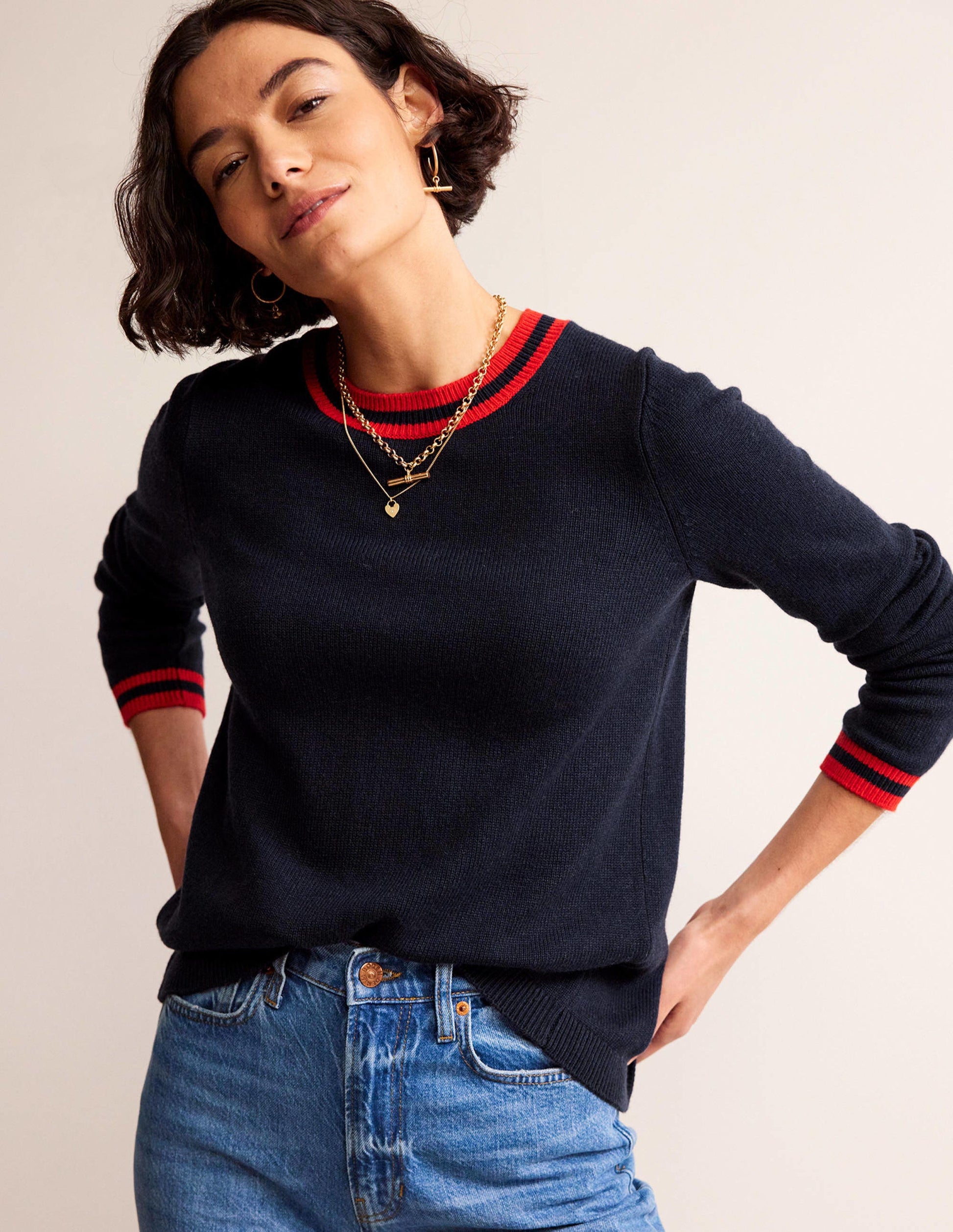 Cecily Button Back Jumper-Navy, Brand Stripe-2