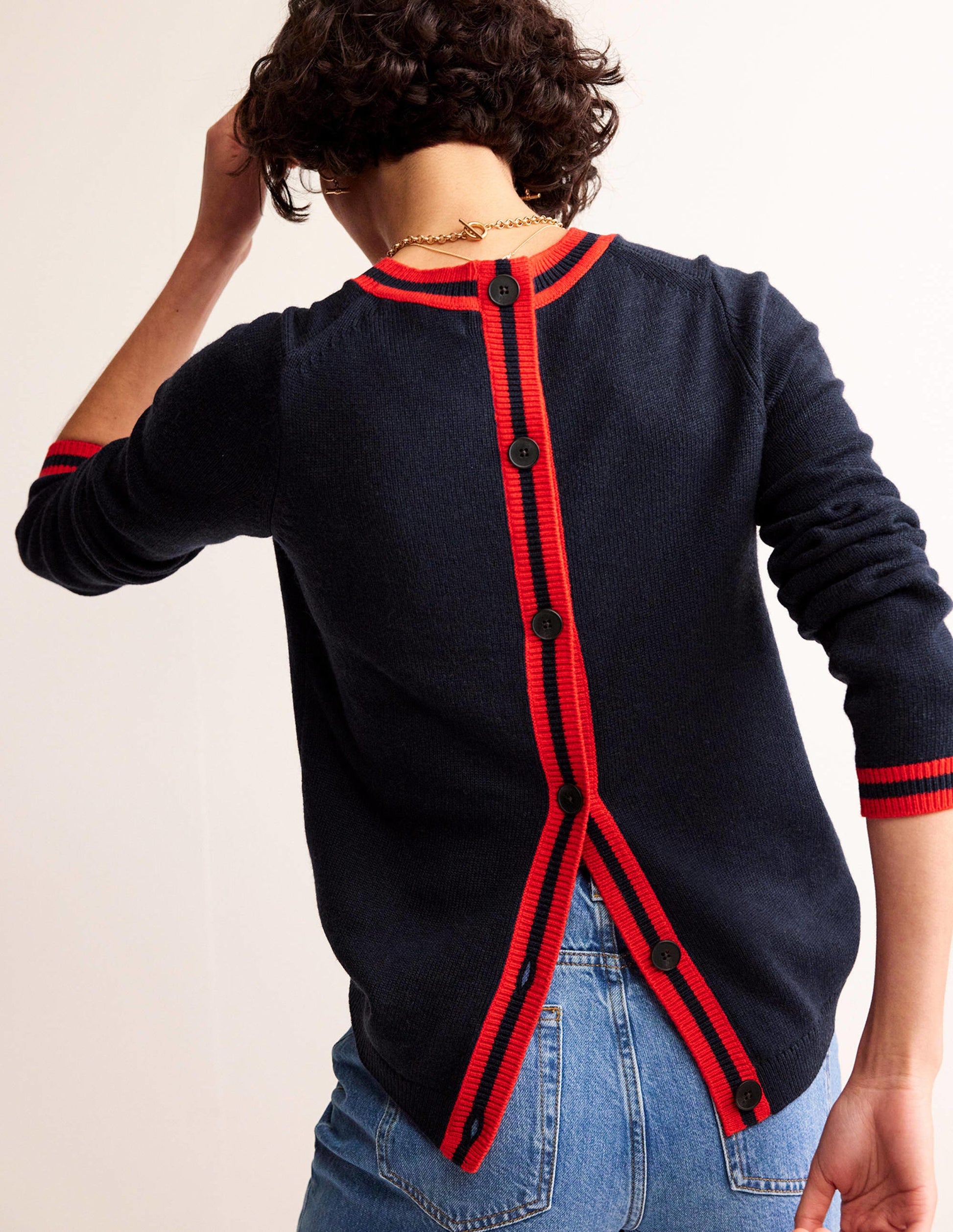 Cecily Button Back Jumper-Navy, Brand Stripe-3