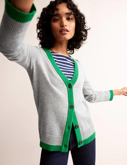 Alma Contrast Trim Cardigan-Grey Melange, Rich Emerald