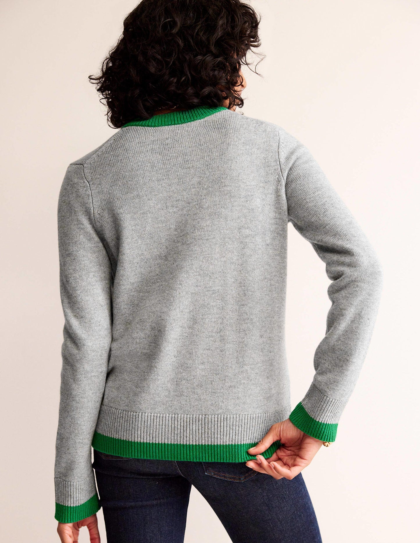 Alma Contrast Trim Cardigan-Grey Melange, Rich Emerald