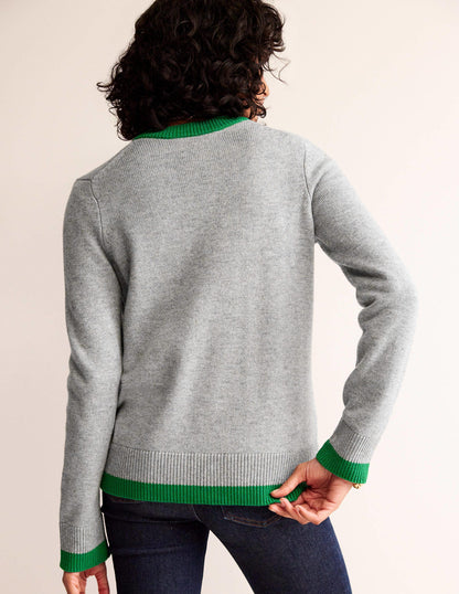 Alma Contrast Trim Cardigan-Grey Melange, Rich Emerald-3