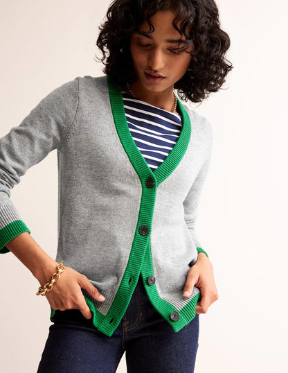 Alma Contrast Trim Cardigan-Grey Melange, Rich Emerald-4