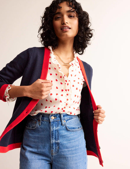 Alma Contrast Trim Cardigan-Navy, Post Box Red