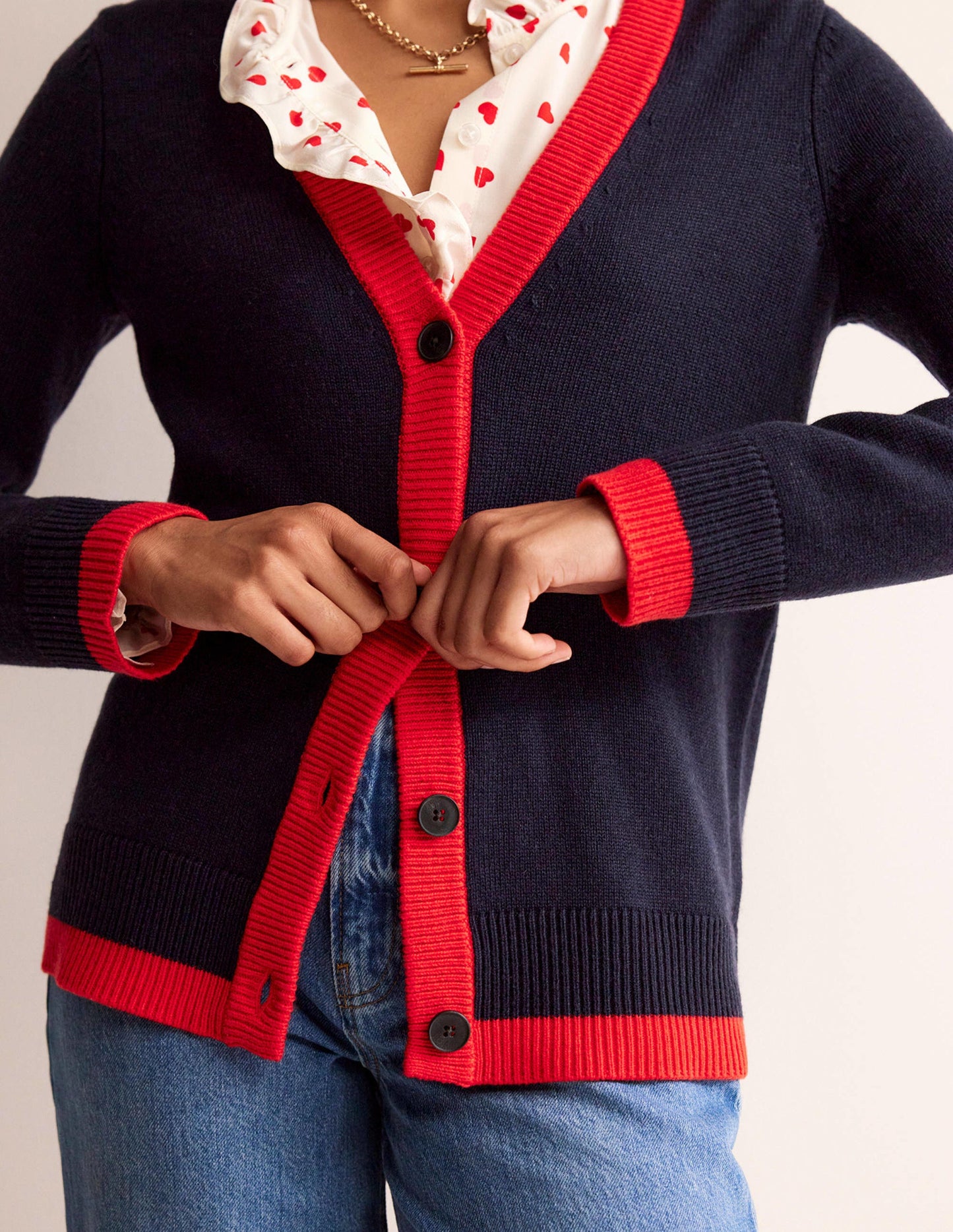 Alma Contrast Trim Cardigan-Navy, Post Box Red