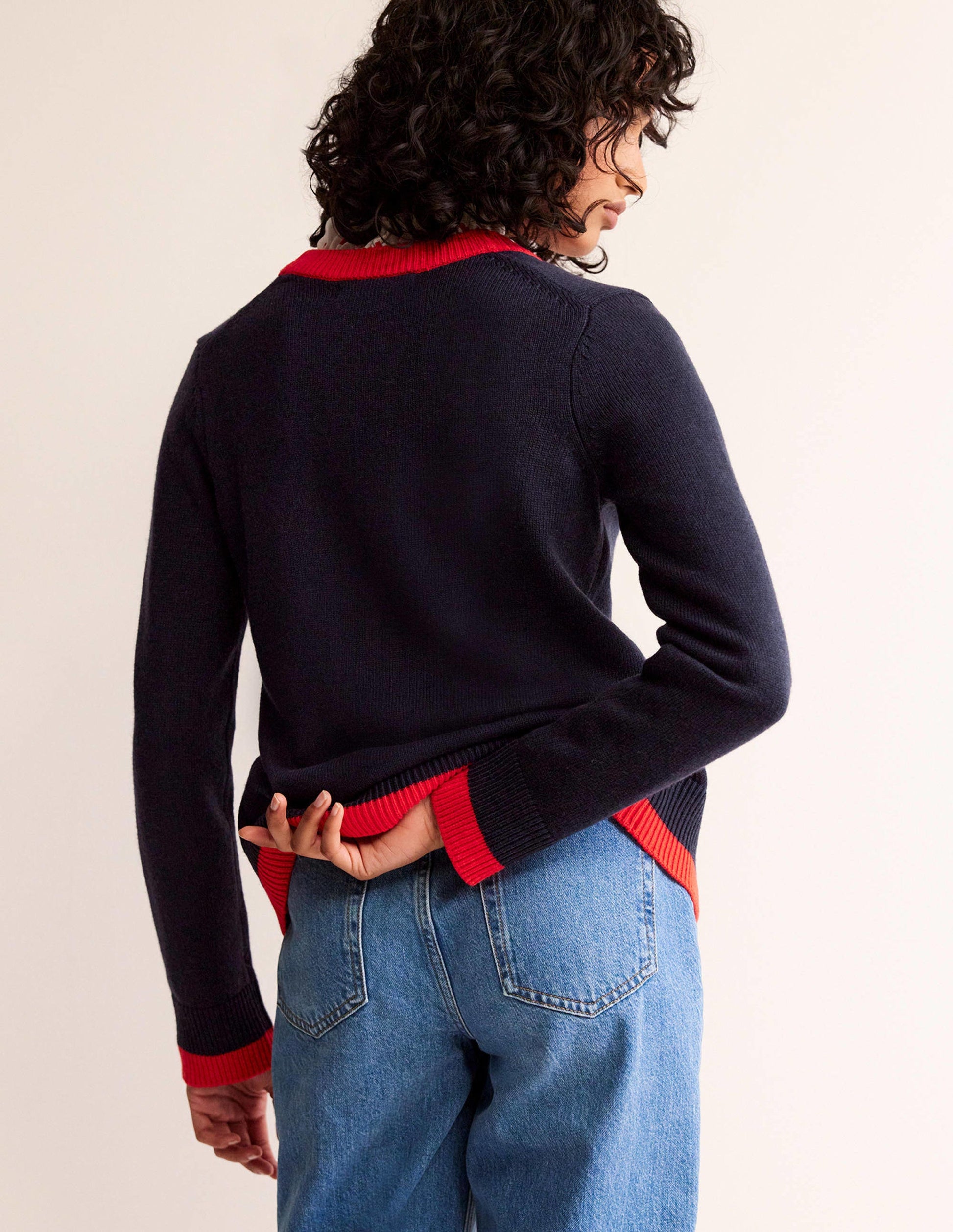 Alma Contrast Trim Cardigan-Navy, Post Box Red-3
