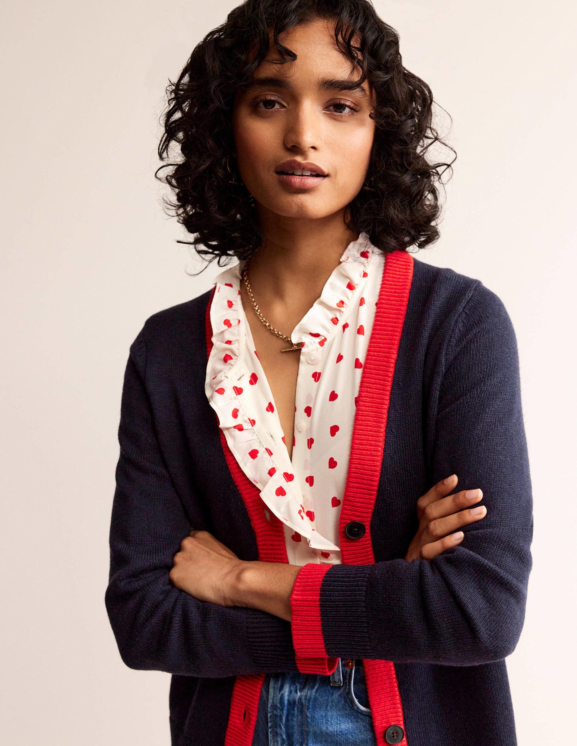Alma Contrast Trim Cardigan-Navy, Post Box Red-4