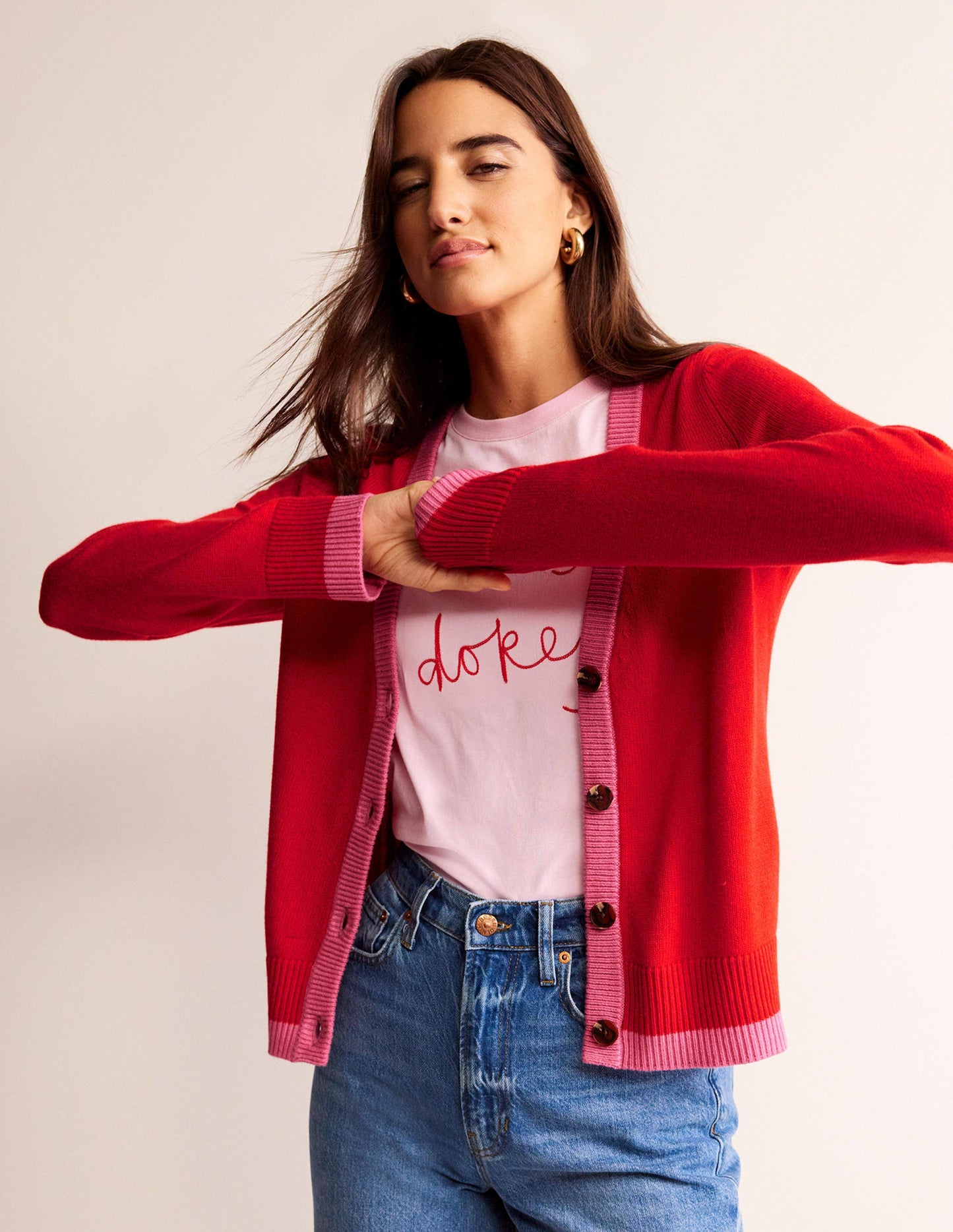 Alma Contrast Trim Cardigan-Post Box Red, Party Pink