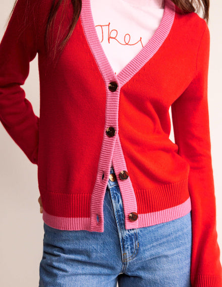 Alma Contrast Trim Cardigan-Post Box Red, Party Pink
