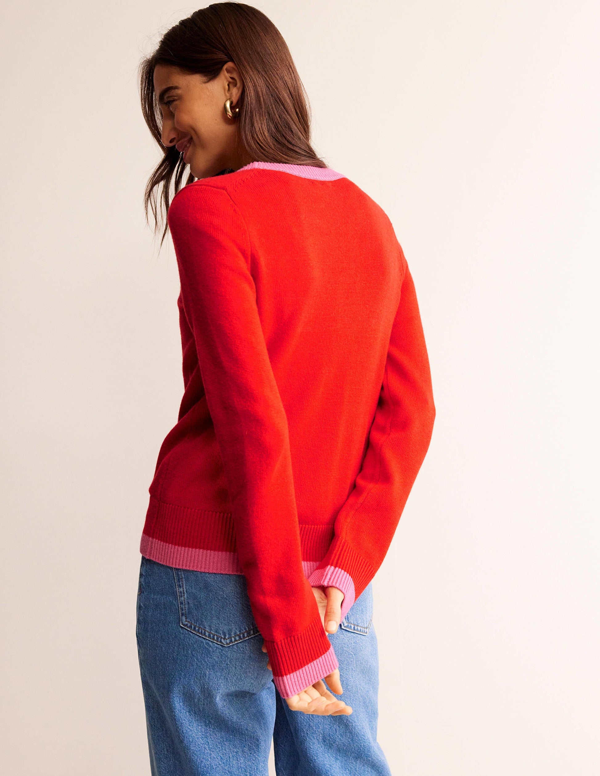 Alma Contrast Trim Cardigan-Post Box Red, Party Pink-3