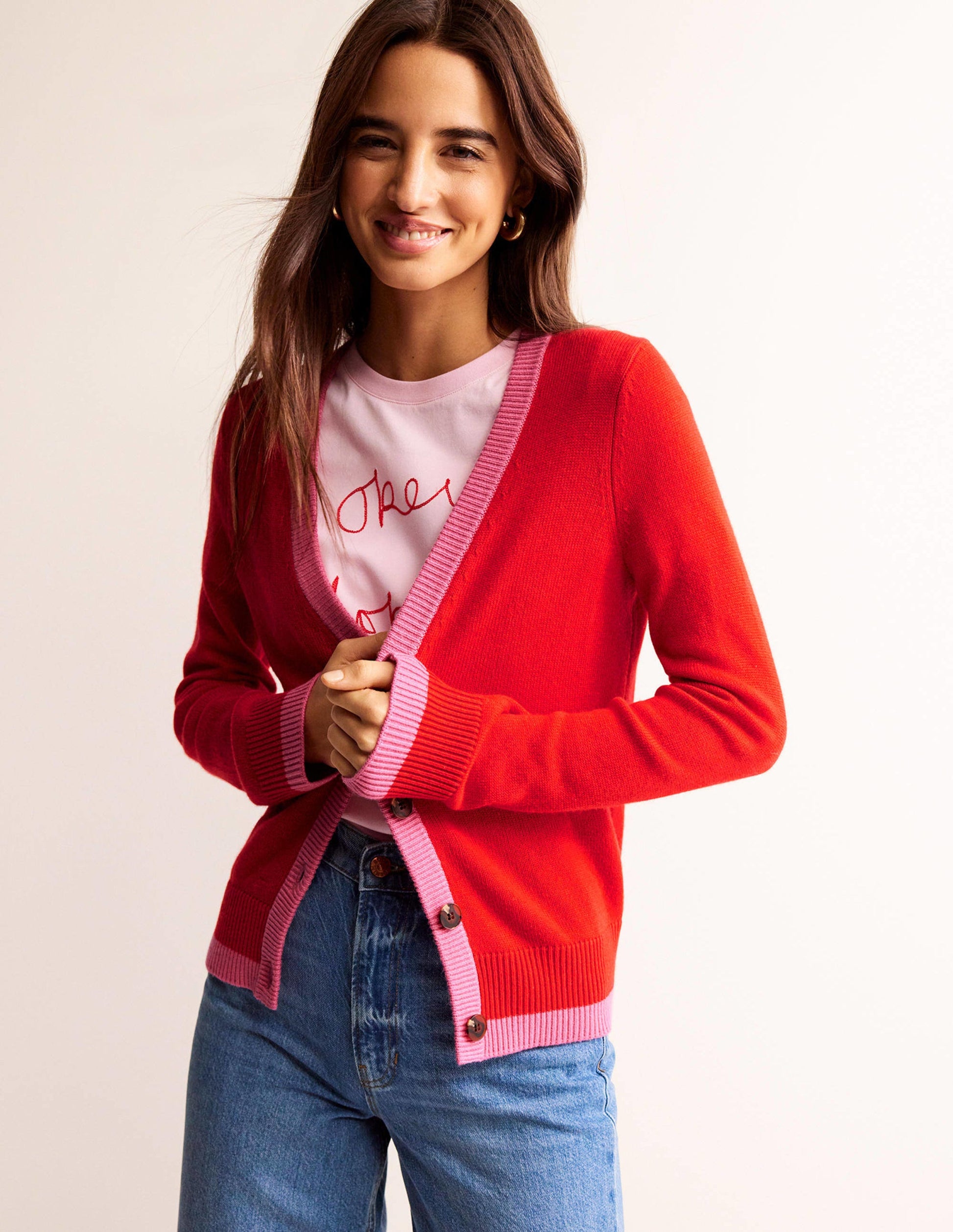 Alma Contrast Trim Cardigan-Post Box Red, Party Pink-4