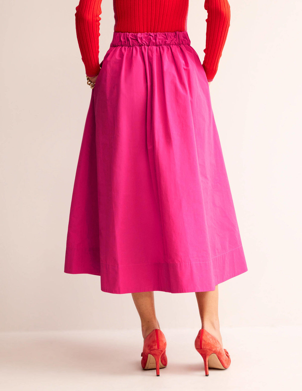 Taffeta Pull-on Midi Skirt-Vibrant Pink-3