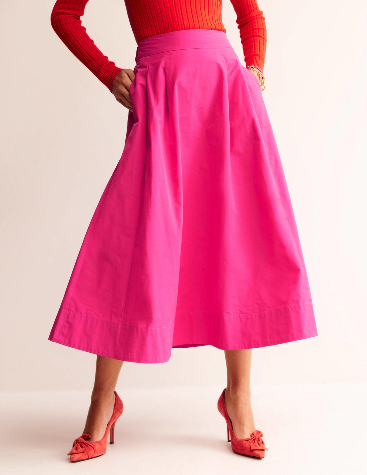 Taffeta Pull-on Midi Skirt-Vibrant Pink-4