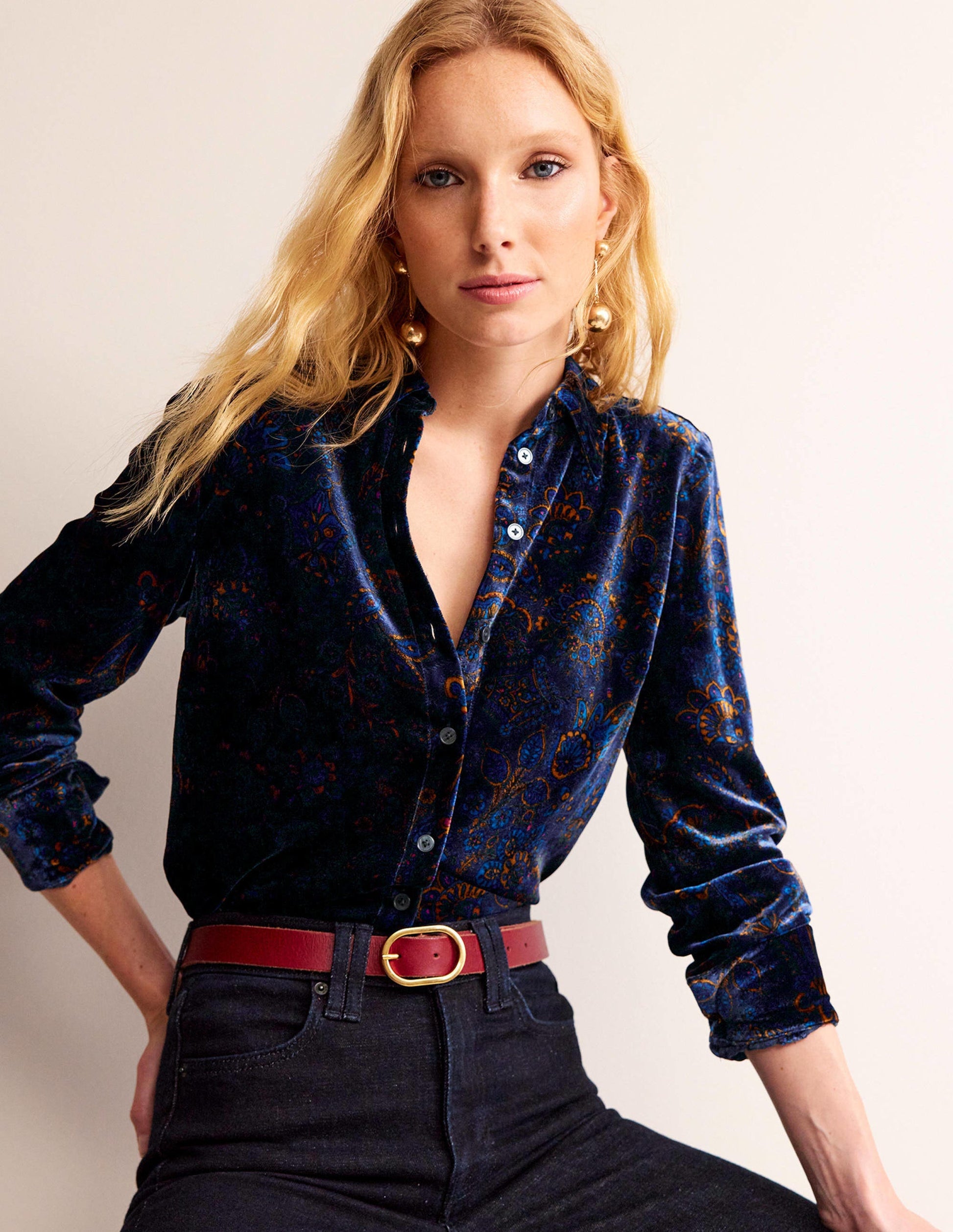 Sienna Velvet Shirt-French Navy, Azalea Bloom-1