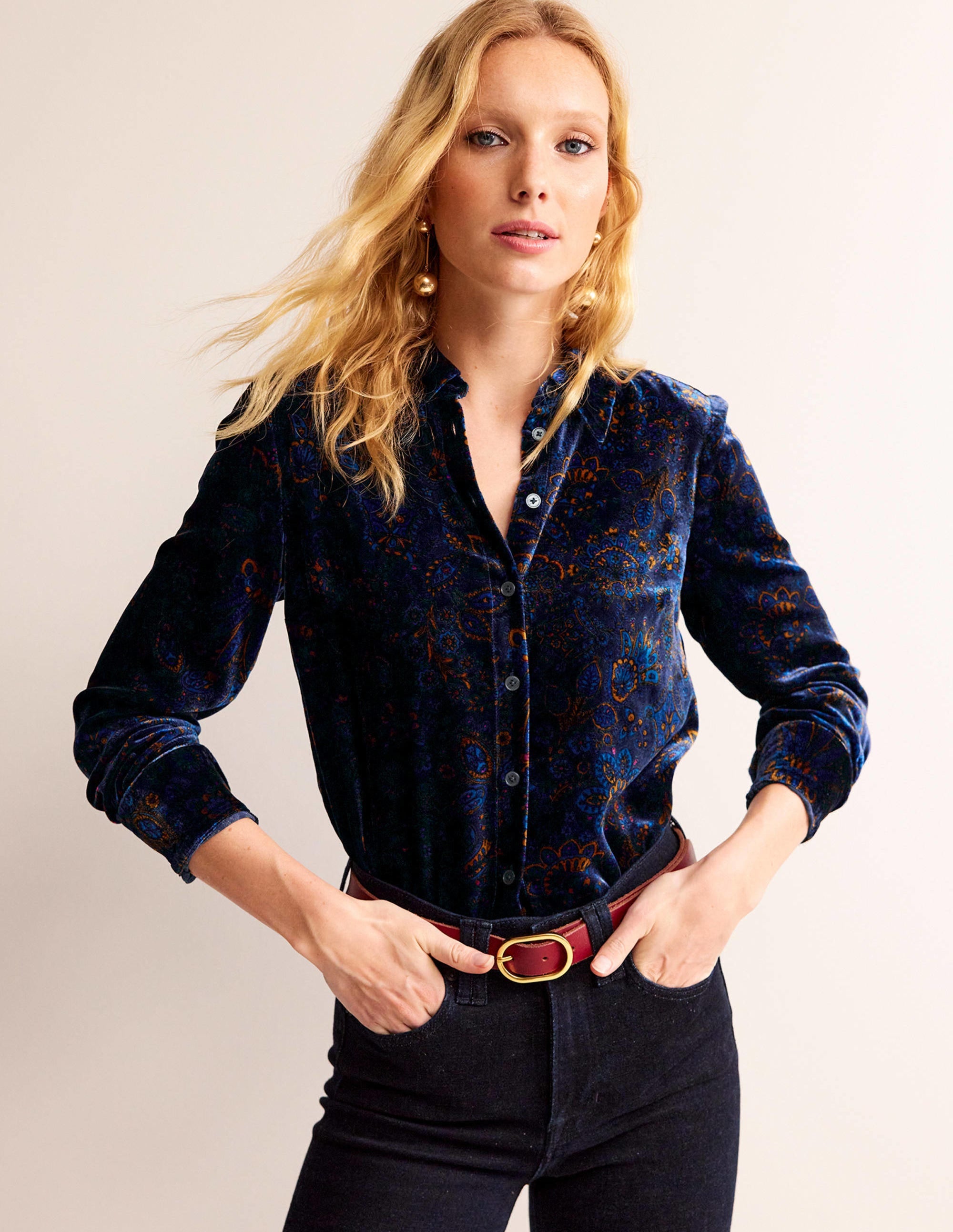 Sienna Velvet Shirt-French Navy, Azalea Bloom - Image 4