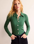 Jewelled-Button Ribbed Shirt-Palm Leaf
