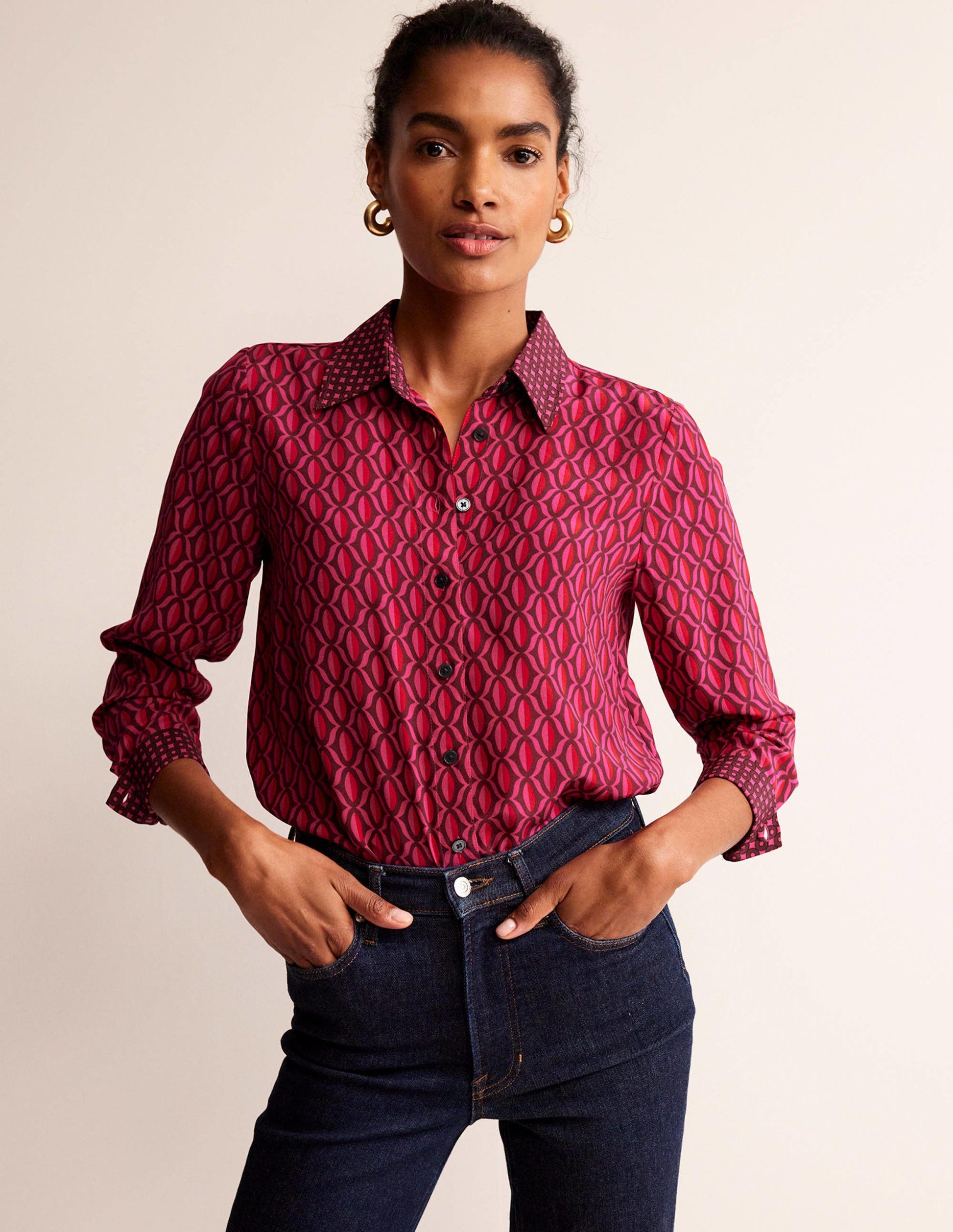 Sienna Silk Shirt-Vibrant Pink, Geo Valley-1