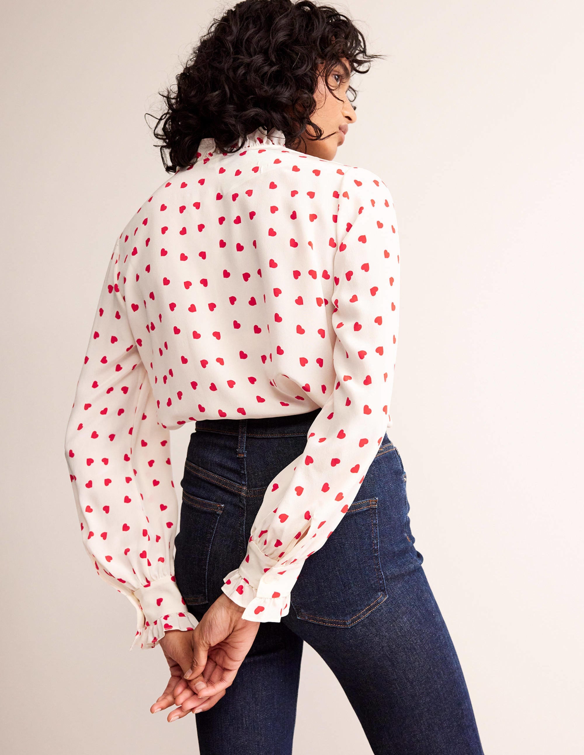 Ruffle Neck Silk Blouse-Ivory, Love Heart - Image 3