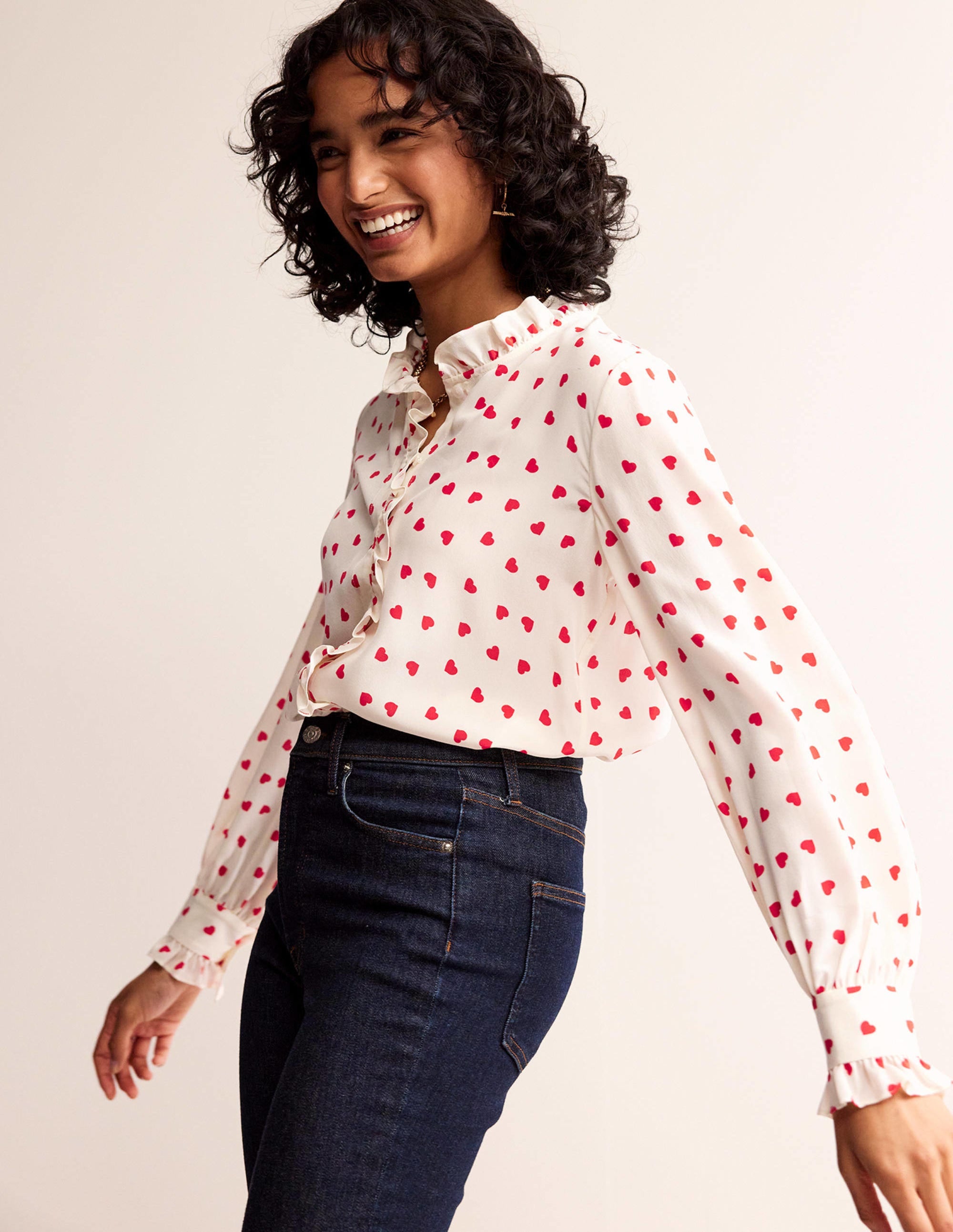 Ruffle Neck Silk Blouse-Ivory, Love Heart - Image 4