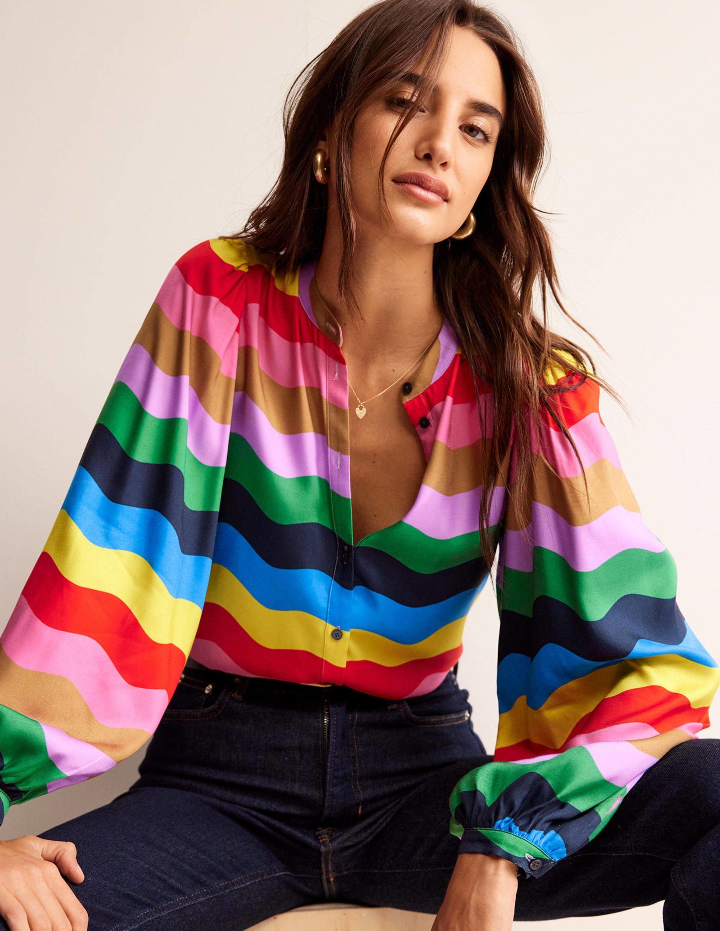 Blouson Sleeve Blouse-Multi, Rainbow Wave