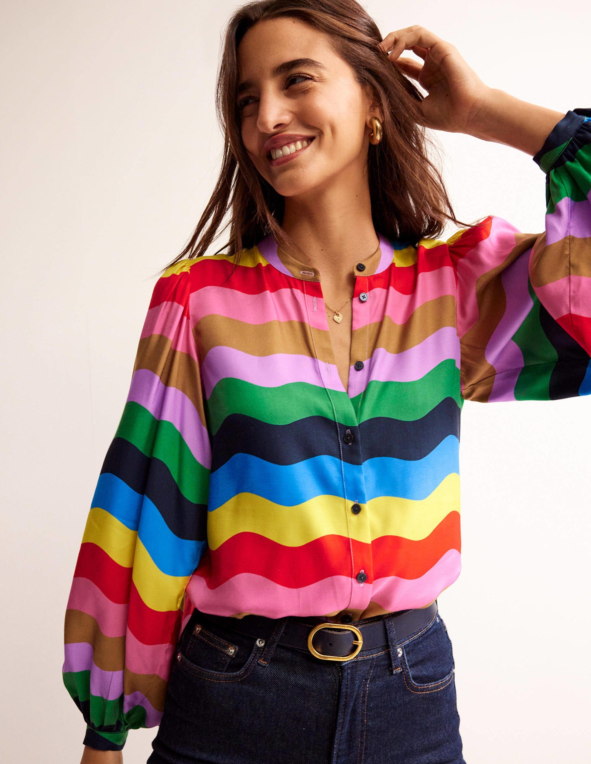 Blouson Sleeve Blouse-Multi, Rainbow Wave-4