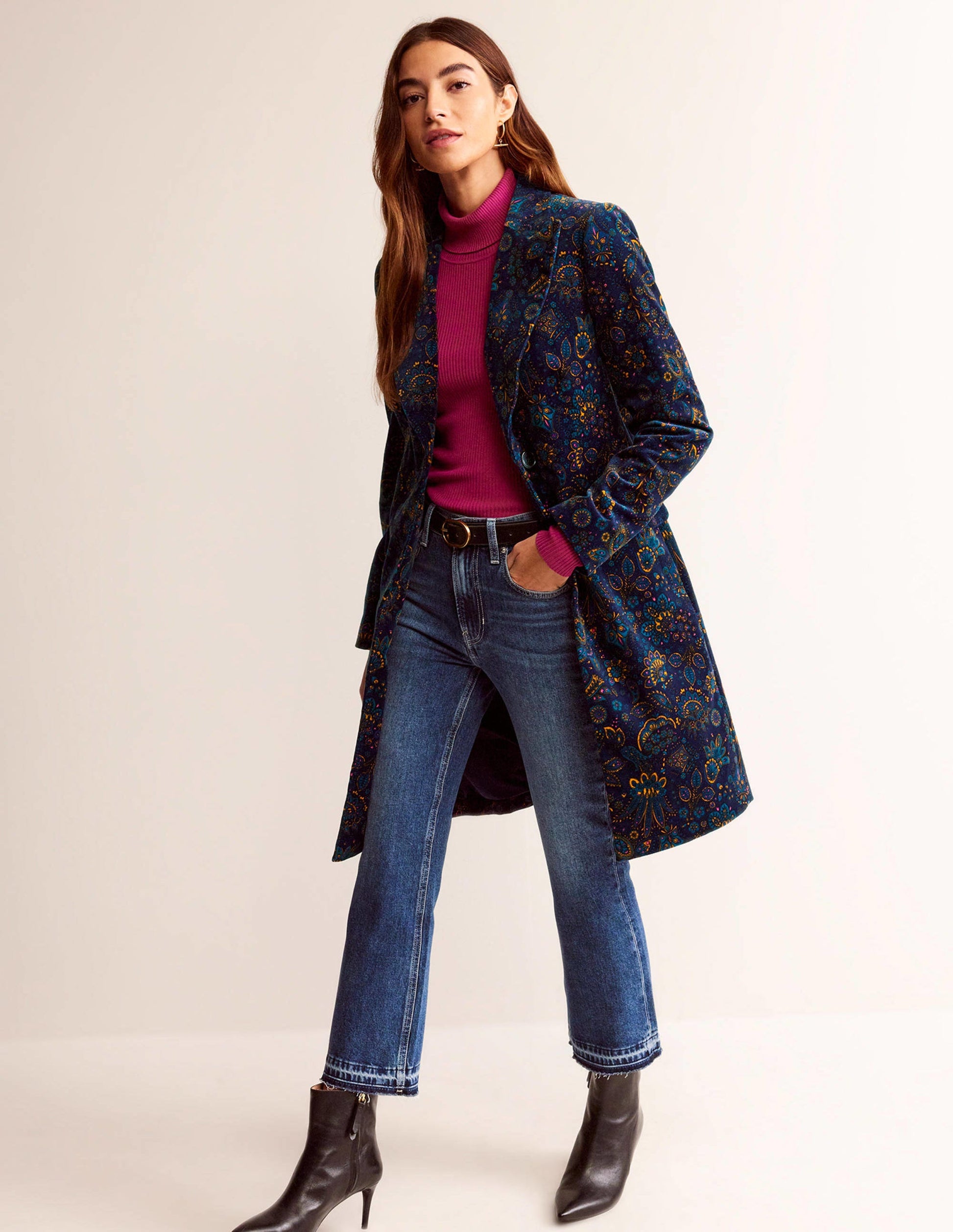 Canterbury Velvet Coat-French Navy, Azalea Bloom-1