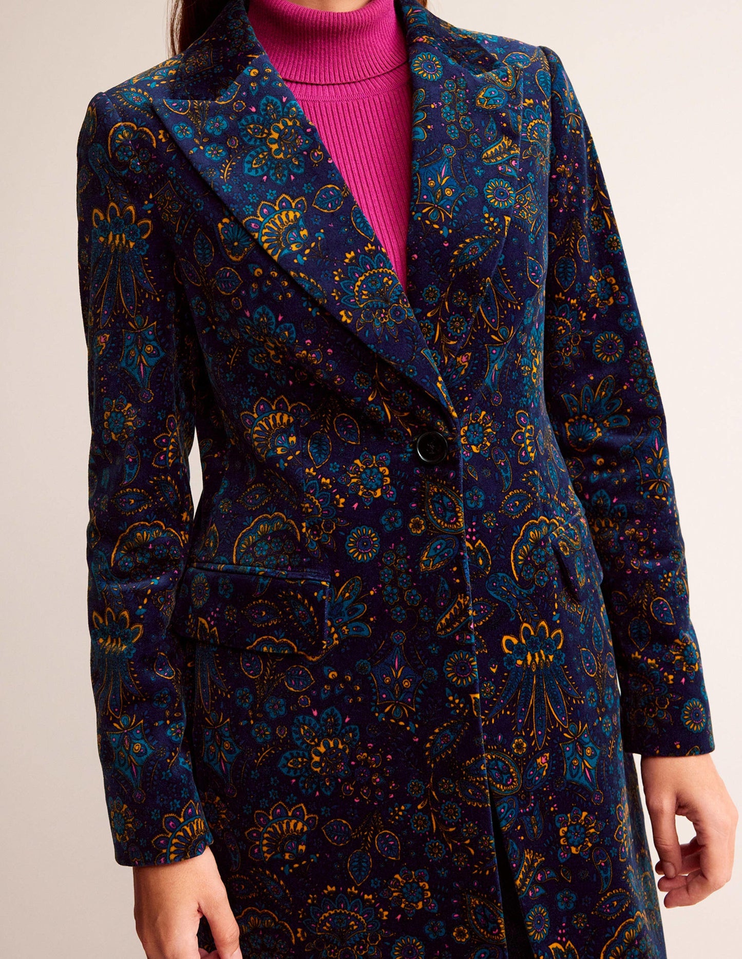 Canterbury Velvet Coat-French Navy, Azalea Bloom