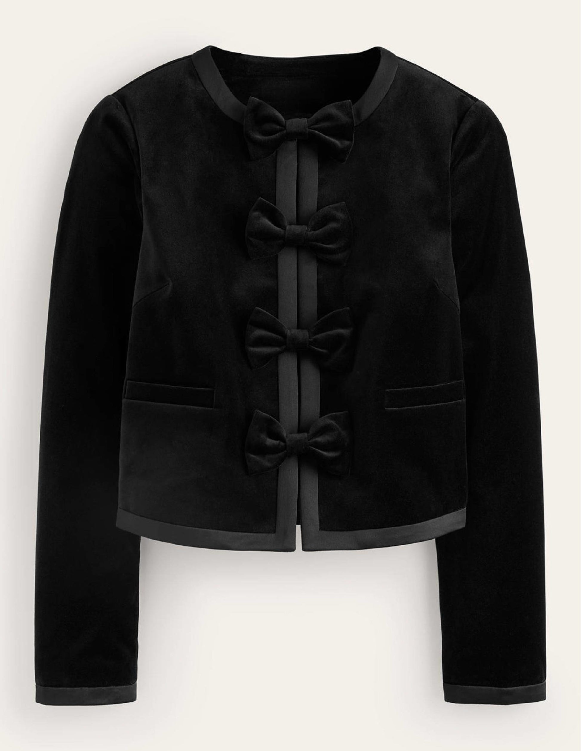 Bow-Trim Collarless Jacket-Black-6
