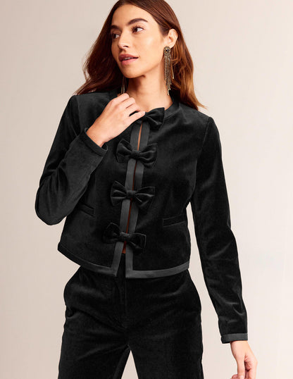 Bow-Trim Collarless Jacket-Black-4