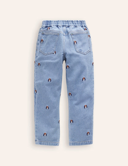 Fun Pull On Jeans-Denim Pup Embroidery