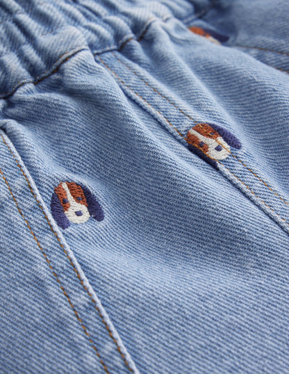 Fun Pull On Jeans-Denim Pup Embroidery