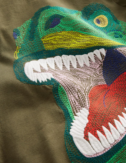 Applique Mock Sleeve T-Shirt-Classic Khaki Dino