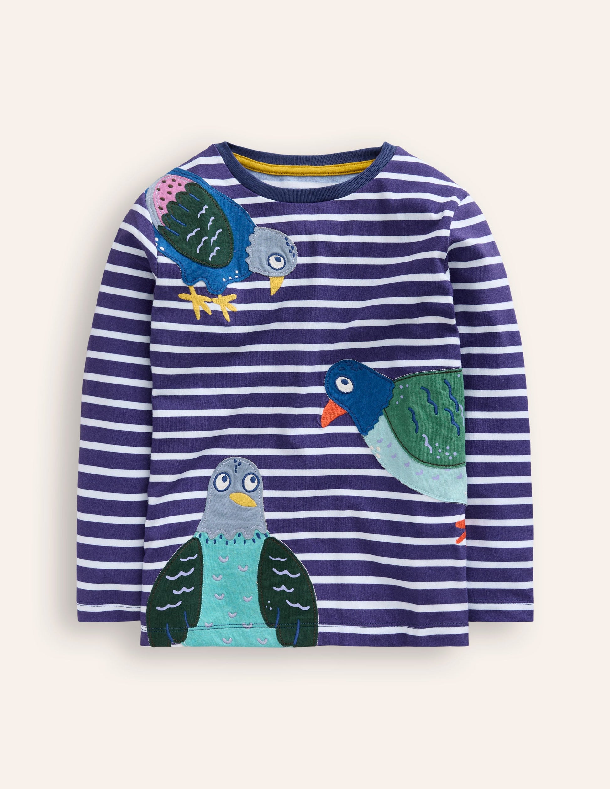 Appliqué T-shirt-Denim Blue and Ivory Pigeons-5