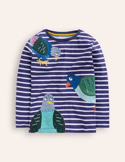 Appliqué T-shirt-Denim Blue and Ivory Pigeons-5