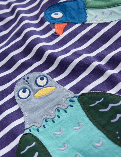 Appliqué T-shirt-Denim Blue and Ivory Pigeons-7