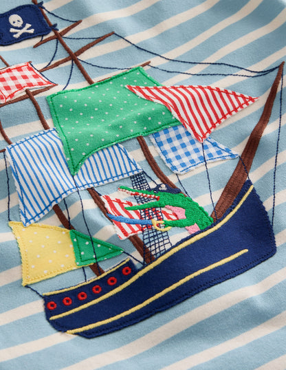 Appliqué Pirate Ship T-shirt-Vintage Blue/ Ivory Stripe-4
