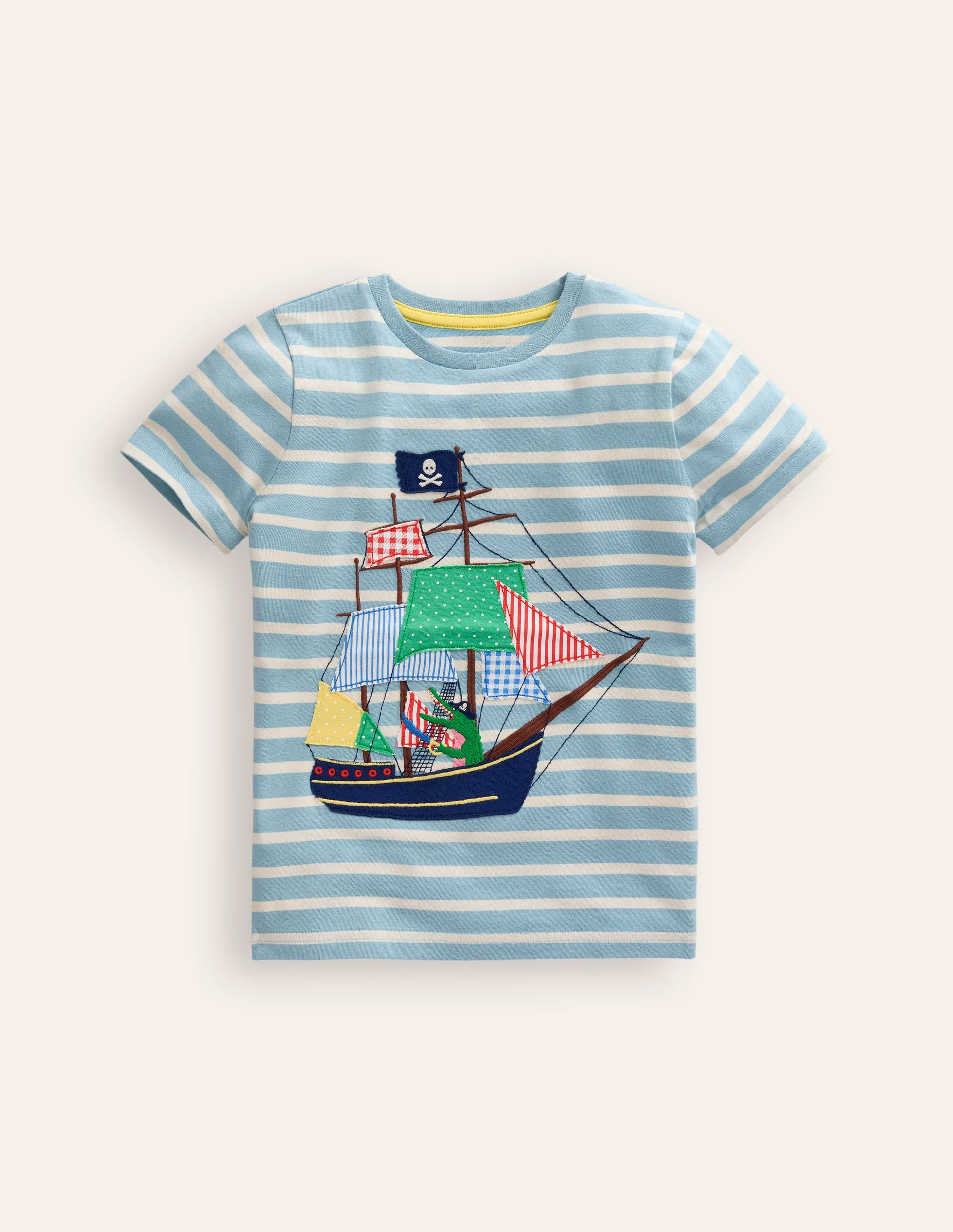 Appliqué Pirate Ship T-shirt-Vintage Blue/ Ivory Stripe-2