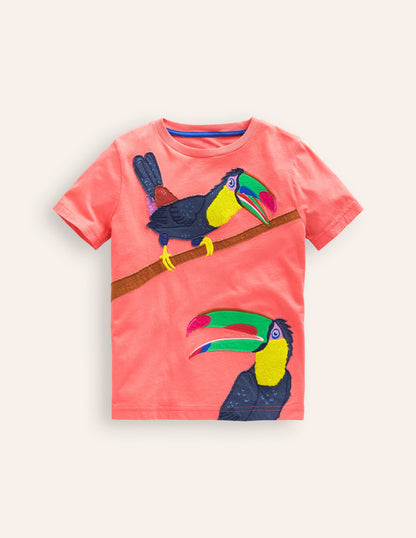 Big Appliqué Animals T-shirt-Coral Pink Toucans-1