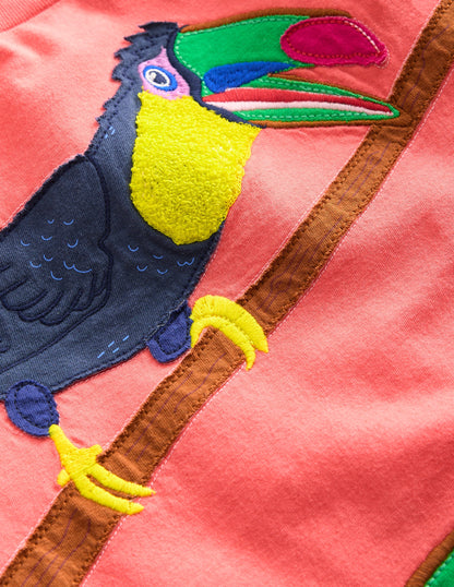 Big Appliqué Animals T-shirt-Coral Pink Toucans-3